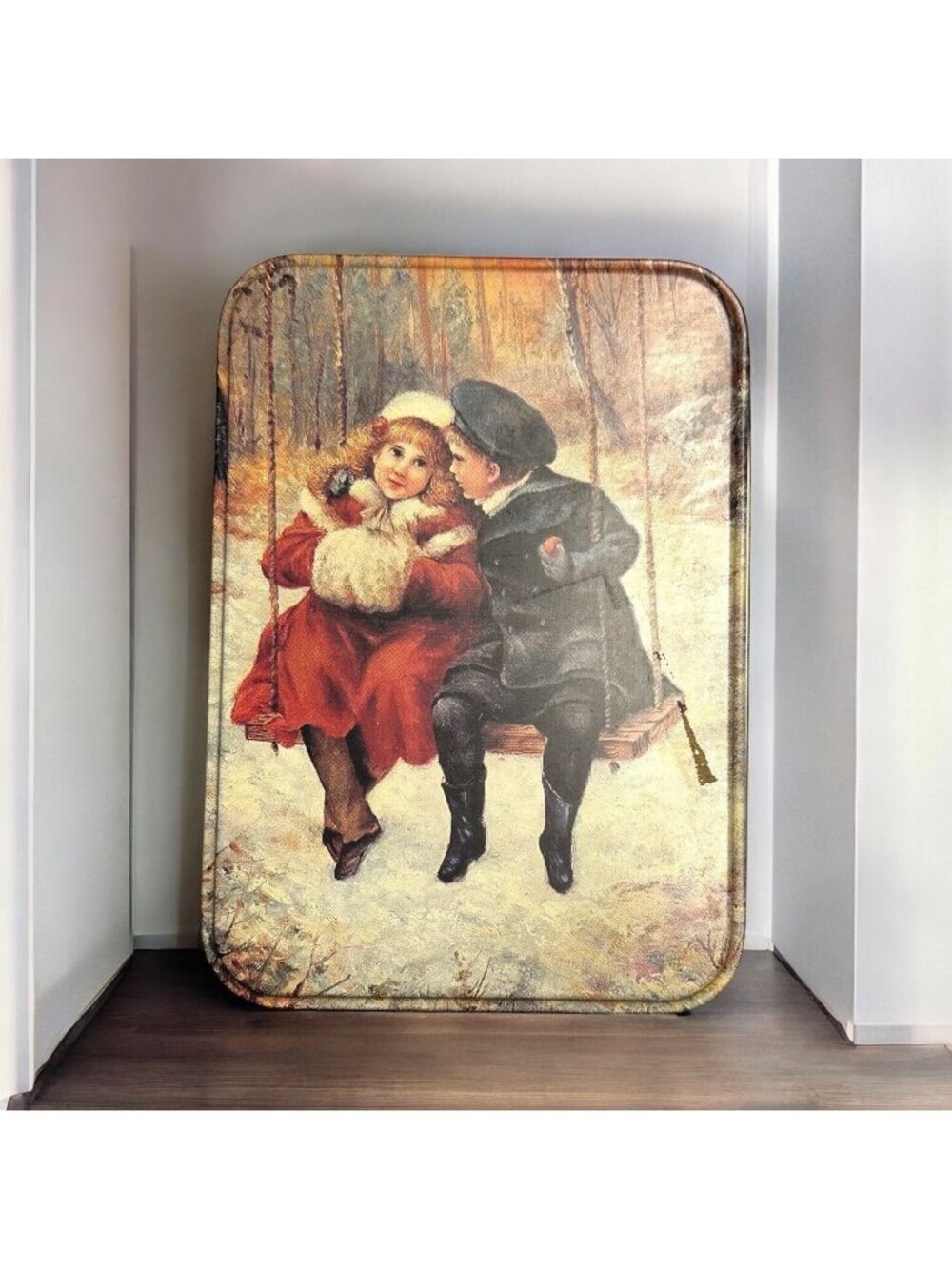 Vintage Metal Tin Box With Romantic Winter Scene Illustration 5.5" x 4" x 2"